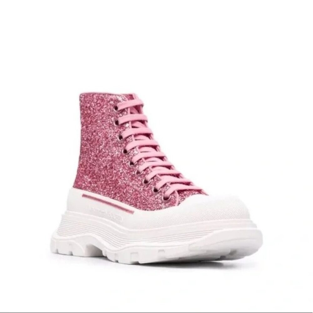 NWB $850 Alexander McQueen Tread Slick Lace Up Glitter Chunky Boots Pink Size 42